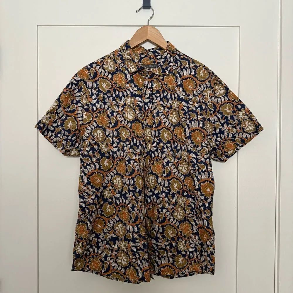 Slate & Stone Shirt Mens Large Blue Orange Floral Leaf Button Up Short Sleeve